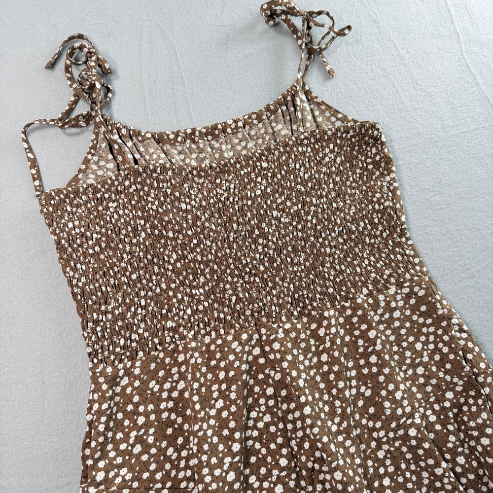 Cottagecore Soft Girl Floral Romper Women Medium Brown Smocked Tie Strap Ditsy - Picture 9 of 9
